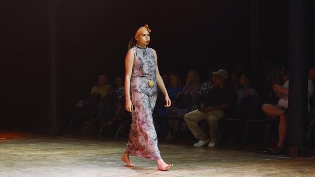 Sarah Eggmolesse models the Woven Medicine collection by designer Felicity Chapman at the Cairns Indigenous Art Fair fashion performance, Woven, held at the Tanks Arts Centre, Edge Hill. Picture: Brendan Radke