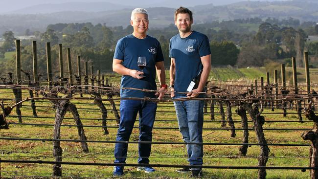 Seville estate winemaker and grandson of the founders of the vineyard, Dylan McMahon with the Chinese owner of the vineyard, Yiping Yang. Picture: Aaron Francis