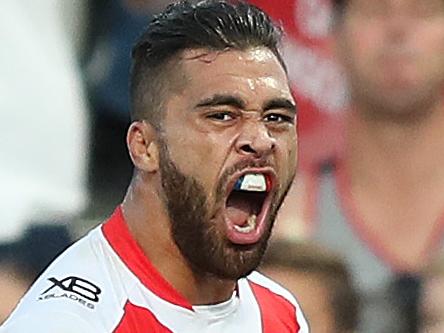 St George's Jordan Pereira celebrates after scoring a try during the St George v Bulldogs NRL match at Jubilee Stadium, Kogarah. Picture: Brett Costello