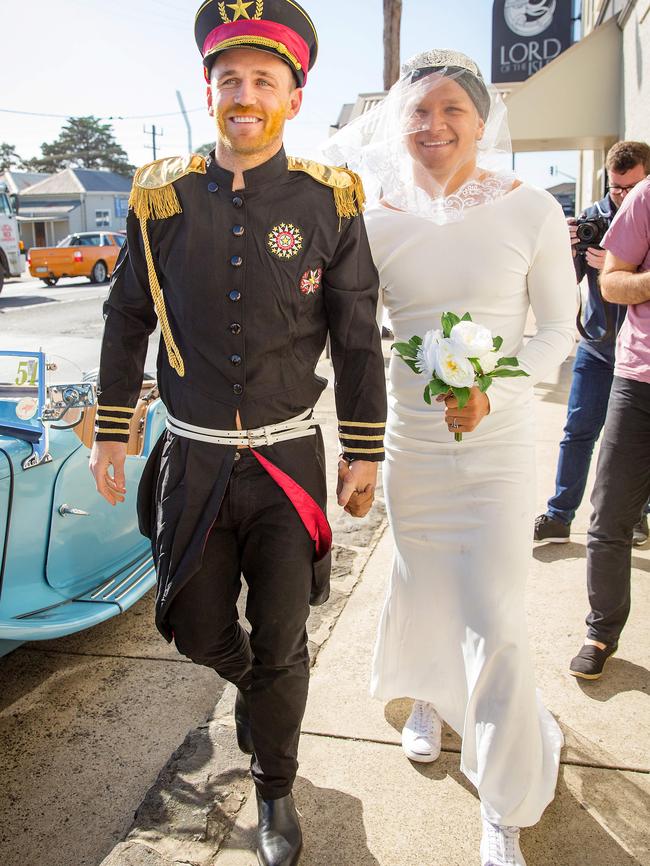 Joel Selwood and Quinton Narkle arrive at Geelong’s Wacky Wednesday celebrations. Picture: Mark Stewart