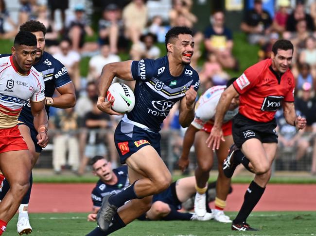 Robert Derby of the Cowboys runs upfield during the NRL Trial Match between North Queensland Cowboys and Dolphins at Barlow Park on February 12, 2023 in Cairns, Australia. (Photo by Emily Barker/Getty Images)