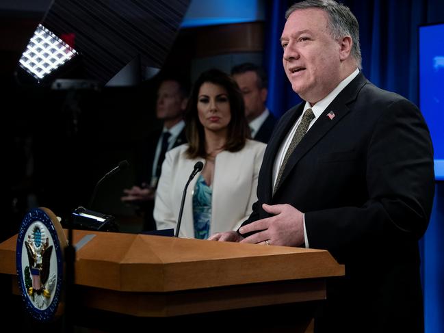 Secretary of State Mike Pompeo speaks during a press briefing at the State Department. Picture: AP.