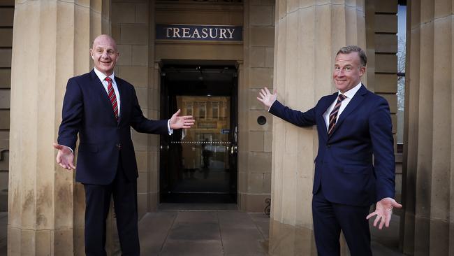 Treasurer Peter Gutwein and Premier Will Hodgman in front to the Treasury Building which under the 2018 Tasmanian state budget will be sold. Picture: RICHARD JUPE