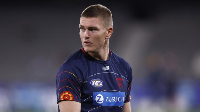 MELBOURNE, AUSTRALIA - JULY 23: Adam Tomlinson of the Demons warms up before the round 19 AFL match between the Western Bulldogs and the Melbourne Demons at Marvel Stadium on July 23, 2022 in Melbourne, Australia. (Photo by Darrian Traynor/Getty Images)