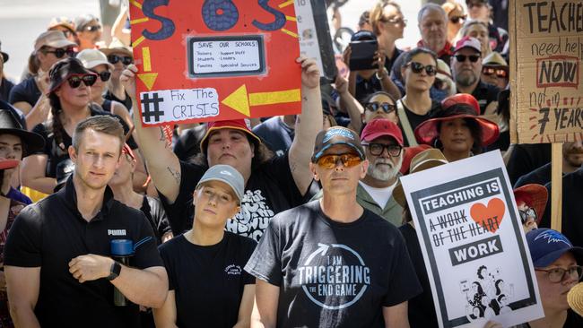 Thousands of people marched down North Tce during the teachers’ strike on Thursday in protest of overwhelming admin and small pay rises. Picture: NCA NewsWIRE / Emma Brasier