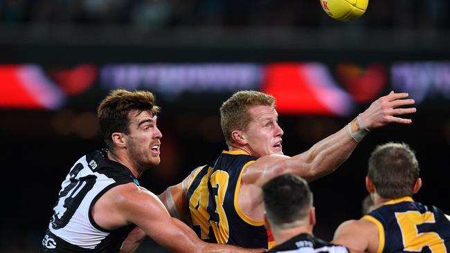 Scott Lycett of the Power and Reilly O'Brien of the Crows during the Showdown in Round 8 at Adelaide Oval. Picture: AAP Image/David Mariuz