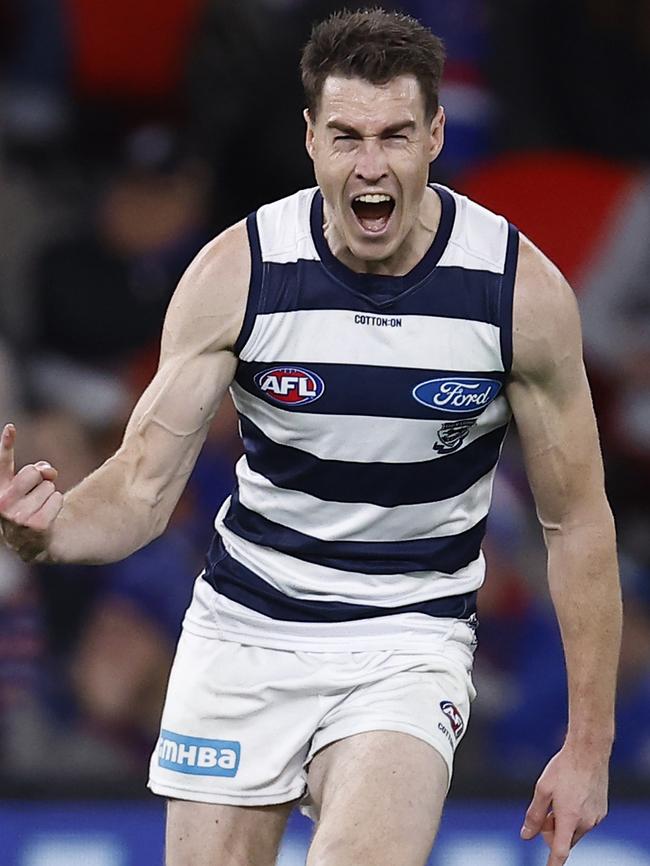 Cameron celebrates a goal to keep the Doggies in his rearview mirror. Picture: Darrian Traynor/Getty Images