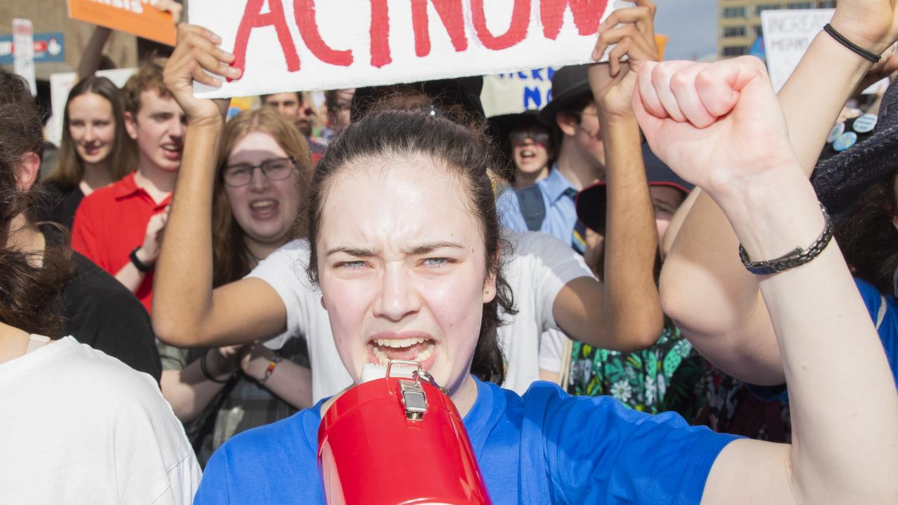 Bryher Mckewin (with mic). Climate strike rally in Hobart. Picture: RICHARD JUPE