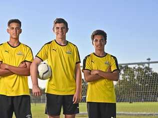 KICKING ON: Western Pride juniors Jermaine Chiuta, Josh Boyle and Darryl Barton are about to trial for A-League club Central Coast Mariners. Picture: Cordell Richardson