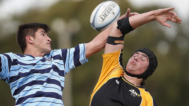 GPS I's Charles Cooper and ISA I'’s Oliver McCrea in a lineout at the NSW Schools Rugby trials in Sydney. Pic: John Appleyard