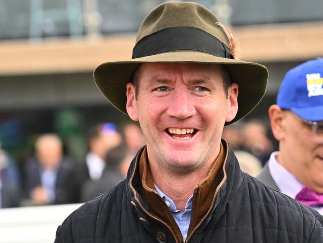 WARRNAMBOOL, AUSTRALIA - APRIL 30: Trainer Ciaron Maher celebrates with connections after won winning Race 4, the Cally Hotel Maiden Plate during Brierly Day at Warrnambool Racecourse on April 30, 2024 in Warrnambool, Australia. (Photo by Vince Caligiuri/Getty Images)