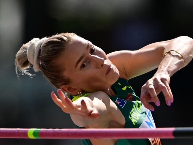 Australia's Eleanor Patterson competes in the women's high jump qualification during the World Athletics Championships at the National Athletics Centre in Budapest on August 25, 2023. (Photo by Ben Stansall / AFP)