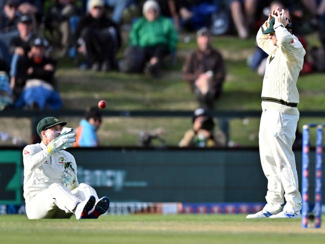 Alex Carey and Steve Smith react after the crucial drop on Day 2. Picture: Getty Images