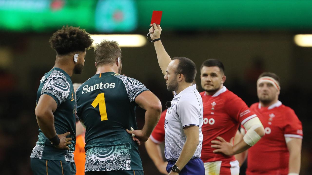 Australia's No.8 Rob Valetini (L) will miss at least two weeks of action after his heavy shot on Adam Beard saw him red carded against Wales. Photo: AFP