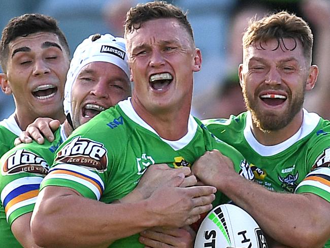 Jack Wighton of the Raiders celebrates after scoring a try during the Round One NRL match between Canberra Raiders and Gold Coast Titans at GIO Stadium in Canberra, Friday, March 13, 2020. (AAP Image/Lukas Coch) NO ARCHIVING, EDITORIAL USE ONLY