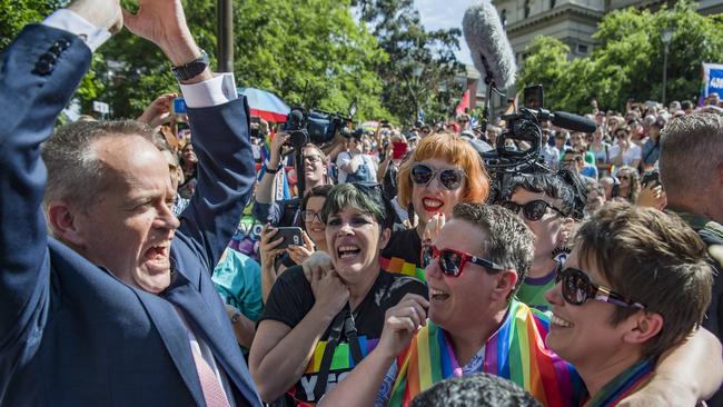 Bill Shorten with thousands celebrating the SSM Same Sex Marriage result party on the steps of the State Library of Victoria. Picture: Jason Edwards.