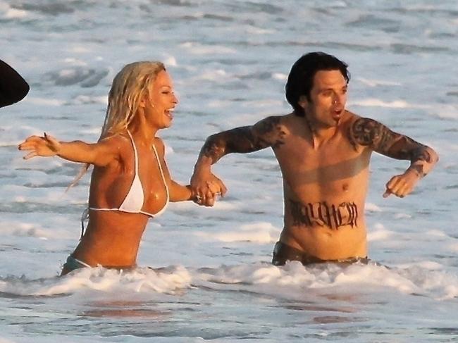 Lily James and Sebastian Stan were photographed re-enacting Pamela Anderson and Tommy Lee’s beach wedding in Mexico. Picture: Backgrid