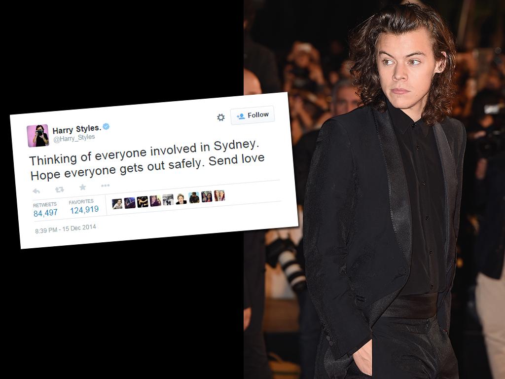 Harry Styles: “Thinking of everyone involved in Sydney. Hope everyone gets out safely. Send love” Picture: Getty