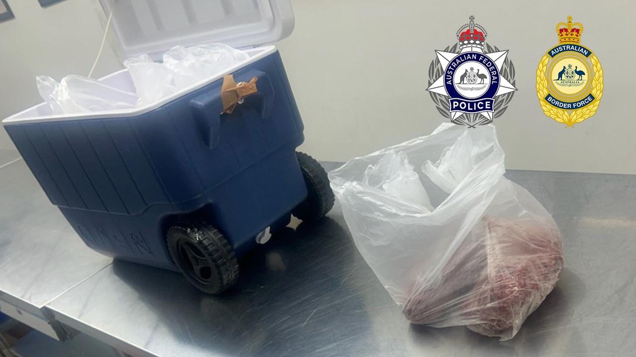 The Esky seized with the bag of mince. AFP have charged three men after an Esky full of meat and meth was discovered at Christmas Island Airport. Picture: Supplied.