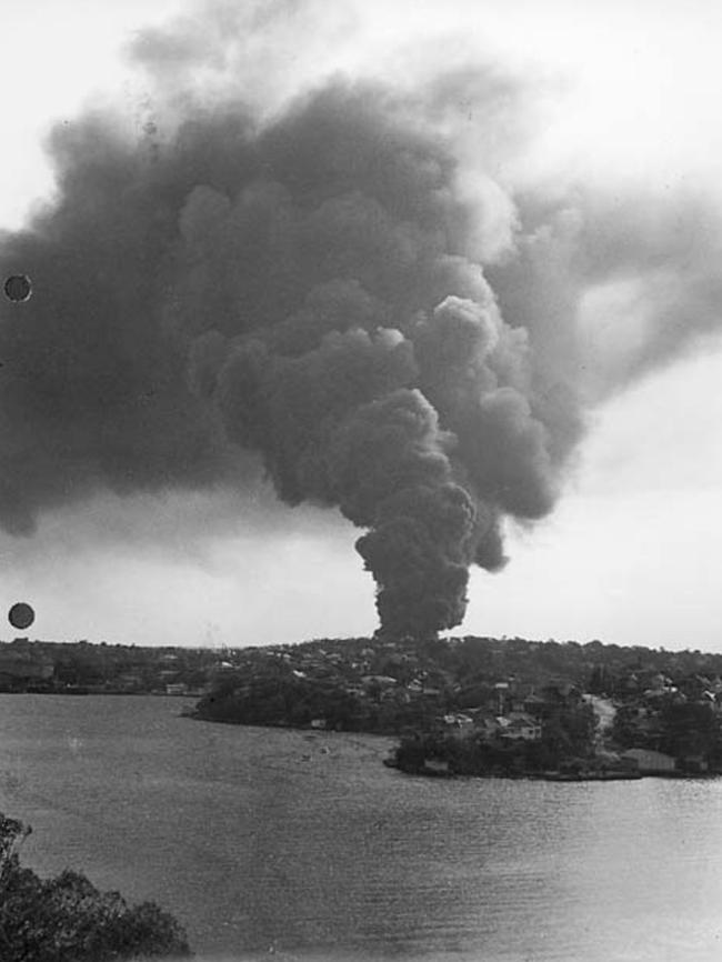 The Mobil Oil Depot on fire at Pulpit Point, Woolwich, in 1964. Picture: Douglass Baglin