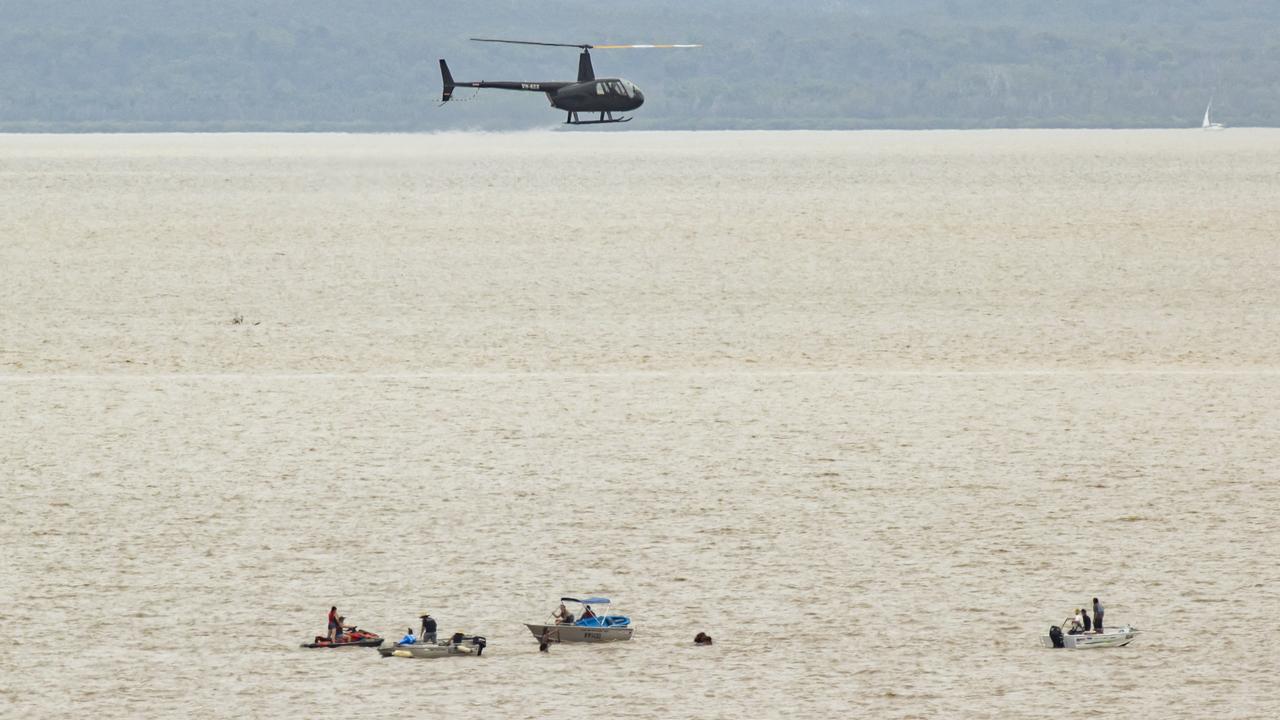 Rescue crews work to bring a bull back to shore. Picture Lachie Millard