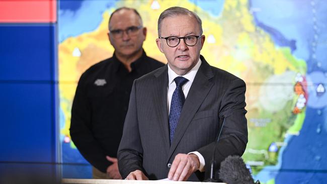 Anthony Albanese and National Emergency Management Agency deputy coordinator-general Joe Buffone at a media briefing in the National Situation Room in Canberra. Picture: Martin Ollman/NewsWire