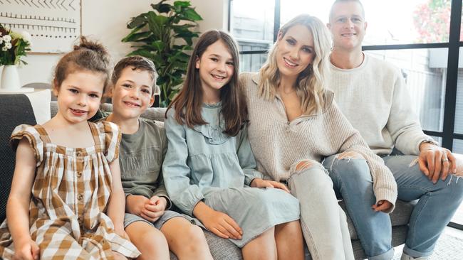 The cost of kids’ sport can run into the thousands. Angelique Woodburn with Robbie (age 36) (husband), Sophie (age 11), Leo (age 9), Ivy (age 7). All surnames are Woodburn; Suburb: Pascoe Vale, Melbourne VIC.