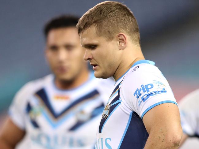 SYDNEY, AUSTRALIA - JUNE 16:  Dale Copley of the Titans and his team mates look dejected after a Rabbitohs try during the round 15 NRL match between the South Sydney Rabbitohs and the Gold Coast Titans at ANZ Stadium on June 16, 2017 in Sydney, Australia.  (Photo by Mark Kolbe/Getty Images)