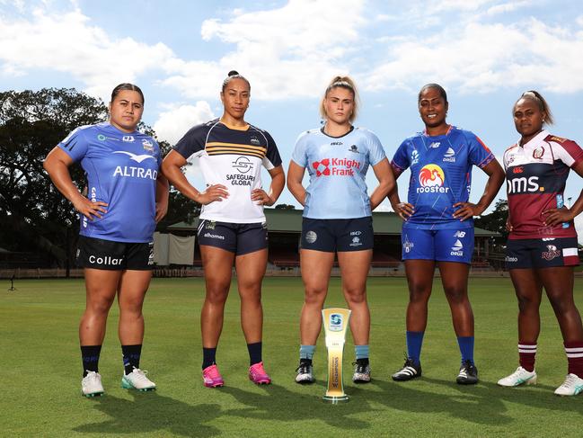 SYDNEY, AUSTRALIA - FEBRUARY 19:  (L-R) Hera-Barb Malcolm Heke of the Western Force, Siokapesi Palu of the ACT Brumbies, Piper Duck of the NSW Waratahs, Bitila Tawake of the Fijian Drua and Ivania Wong of the Queensland Reds pose during the 2025 Super Rugby Women's Season Launch at North Sydney Oval on February 19, 2025 in Sydney, Australia. (Photo by Matt King/Getty Images)