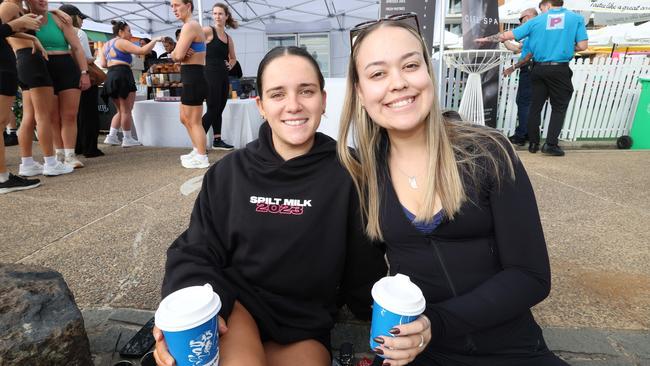 Emmaleigh Royce and Borgia Nichols at the Surf of Origin at Burleigh Beach. Picture: Annette Dew