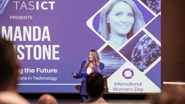 Launceston-born AI technologist Amanda Johnstone delivers the keynote speech at TasICT's International Women's Day event at Wrest Point in March, 2024. Picture: Paul Guo