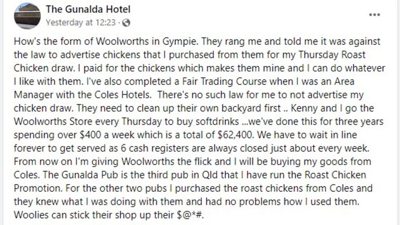 The owner of the Gunalda Hotel has slammed Woolworths in a social media post.