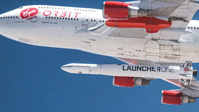 Virgin Orbit’s Cosmic Girl releases LauncherOne mid-air for the first time during a July 2019 drop test. Picture: AFP