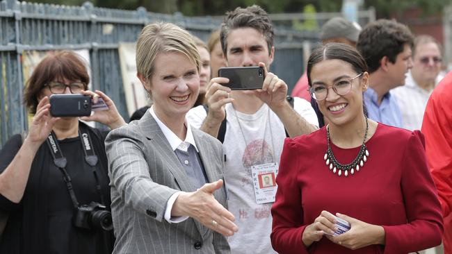 Cynthia Nixon on the hustings with fellow non-establishment Democrat candidate  Alexandria Ocasio-Cortez in New York yesterday. Picture: AP