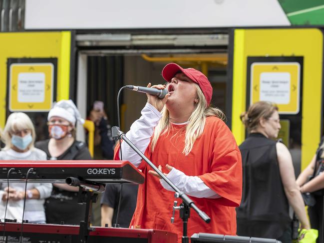 Tones and I performed at the Bourke St Mall in Melbourne during a pop up busking show in December 2020. Picture: Tim Carrafa