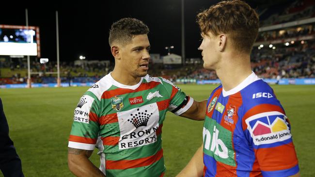 Dane Gagai of the Rabbitohs shakes hands with possible Maroons teammate Kalyn Ponga of the Knights. Picture: AAP Image/Darren Pateman