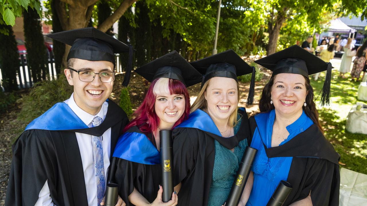 Bachelor of Paramedicine graduates (from left) Samuel Garnett, Bianca Traynor, Tayla Cox and Sylvia Hedges at the UniSQ graduation ceremony at Empire Theatres, Wednesday, December 14, 2022.