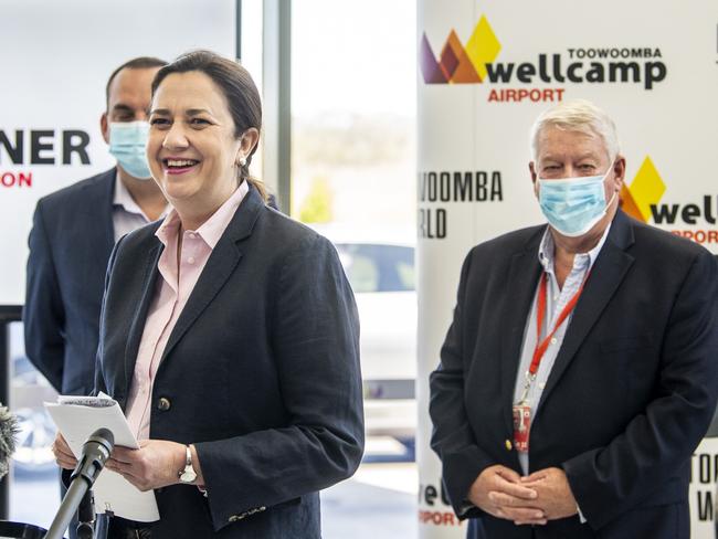 Qld Premier Annastacia Palaszczuk and John Wagner in background. Boeing to produce Loyal Wingman at Wellcamp Aerospace Precinct. Wednesday, September 22, 2021. Picture: Nev Madsen.