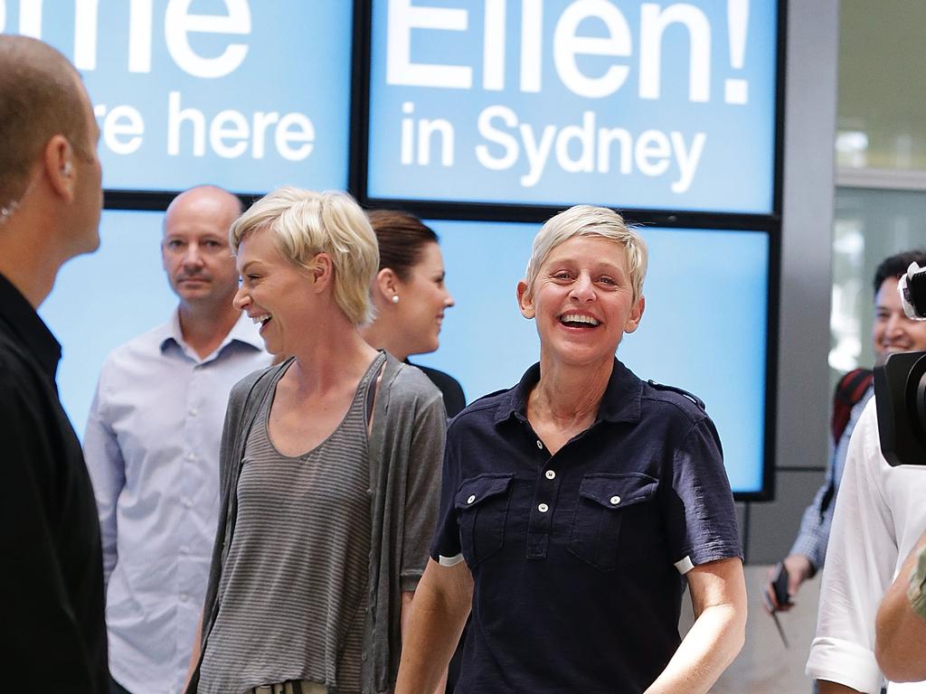 Ellen DeGeneres and Portia de Rossi arrive at Sydney Airport in 2013. Picture: Brendon Thorne/Getty Images
