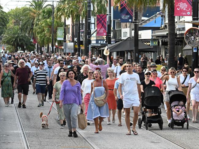 People marched through the streets of St Kilda on Monday night. Picture: Josie Hayden