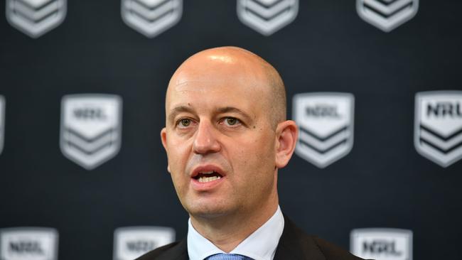 NRL CEO Todd Greenberg addresses the media during a press conference conference in Sydney, Wednesday, December 19, 2018. The NRL Integrity Unit has found evidence that supports the preliminary finding that Sharks coach Shane Flanagan continued to have dealings with the club while he was suspended in 2014. (AAP Image/Brendan Esposito) NO ARCHIVING