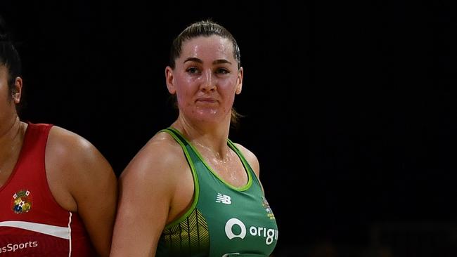 CAPE TOWN, SOUTH AFRICA - JULY 29: Lose Faingaanuku of Tonga and Sophie Garbin of Australia during the Netball World Cup 2023, Pool A match between Australia and Tonga at Cape Town International Convention Centre Court 1 on July 29, 2023 in Cape Town, South Africa. (Photo by Ashley Vlotman/Gallo Images/Netball World Cup 2023)