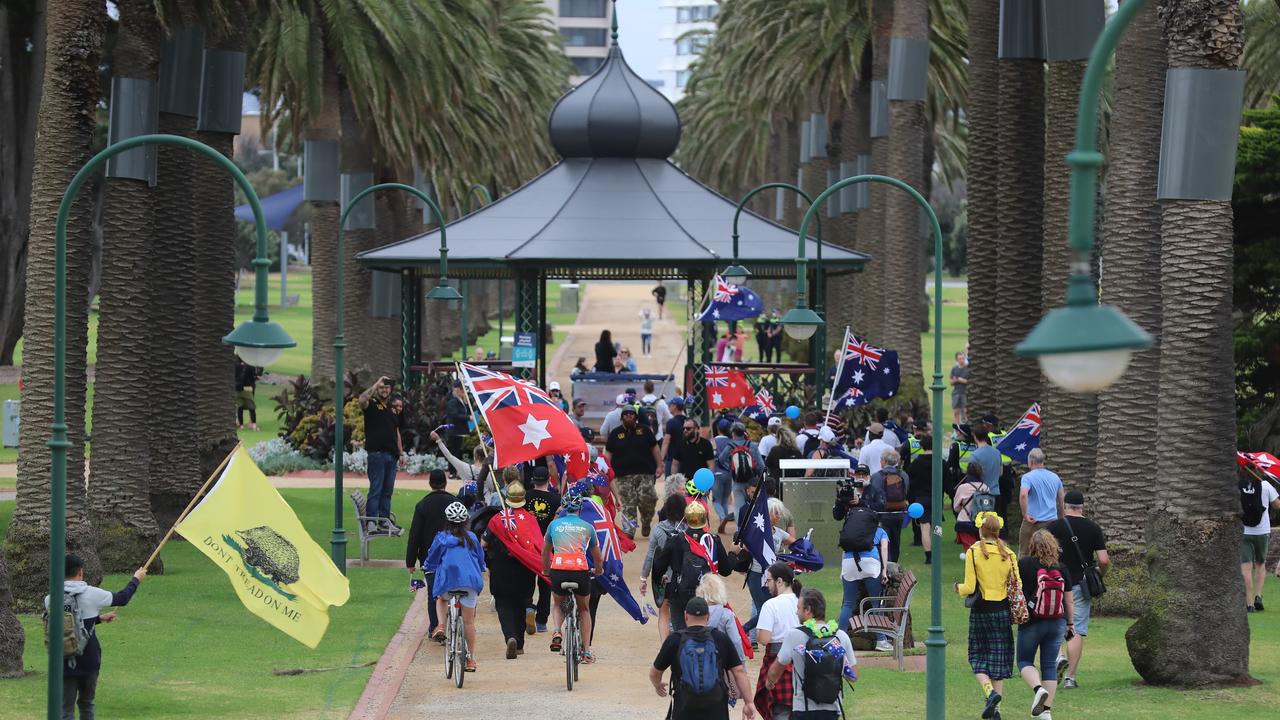 The 'Australia Day Parade' arrived at Catani Gardens in St Kilda. Picture: Alex Coppel.