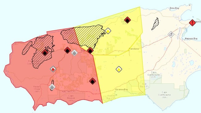 Kangaroo Island bushfire warning areas - the red is an emergency warning, the yellow is watch and act.