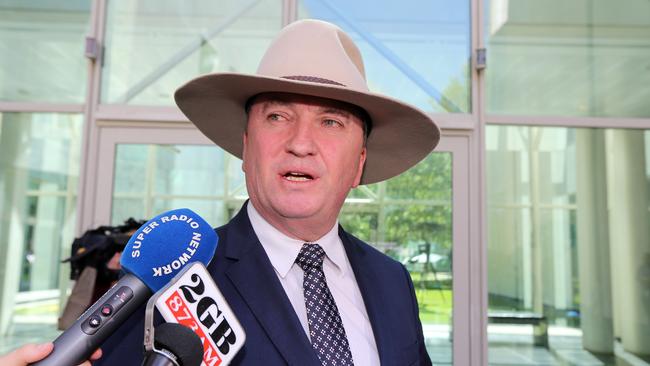 Barnaby Joyce has been defiant in media appearances, including his recent press conference outside Parliament House in Canberra. (Pic: Gary Ramage)