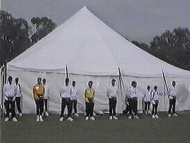 Camp staff line up to greet participants at one of Natasha Lakaev’s courses during the 1990s in regional New South Wales.