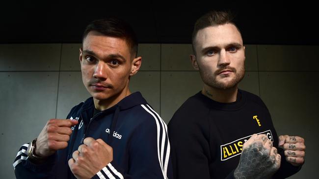 Boxers Tim Tszyu (left) and Dwight Ritchie pose for a photograph in August. Picture: AAP Image/Bianca De Marchi