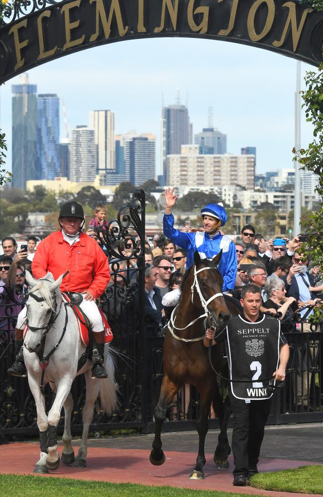 Hugh Bowman and Winx after winning the Turnbull Stakes. Picture: Getty Images