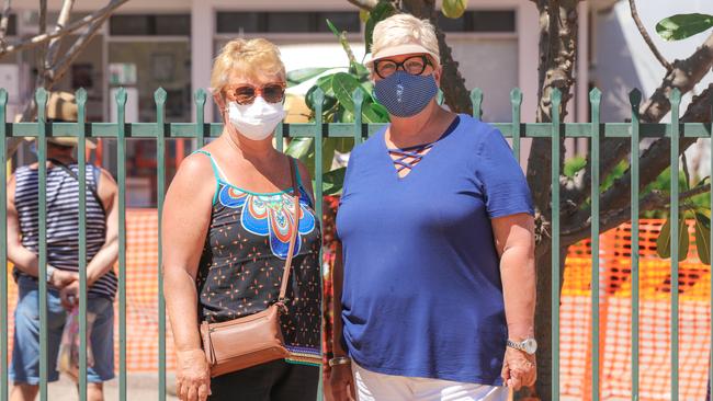 Waiting for testing are Noeline Clifford and Carol Curry from Port Maquarie as Katherine goes into lockdown due to COVID 19 restrictions. Picture: Glenn Campbell