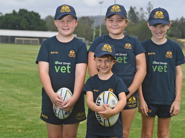 READY TO GO: Gympie Hammers rugby union club juniors (back, from left) Kellen Donoghue, Tayla Vogelpoel, Jack Downward and (front) Hudson Donoghue. Photo: Troy Jegers.